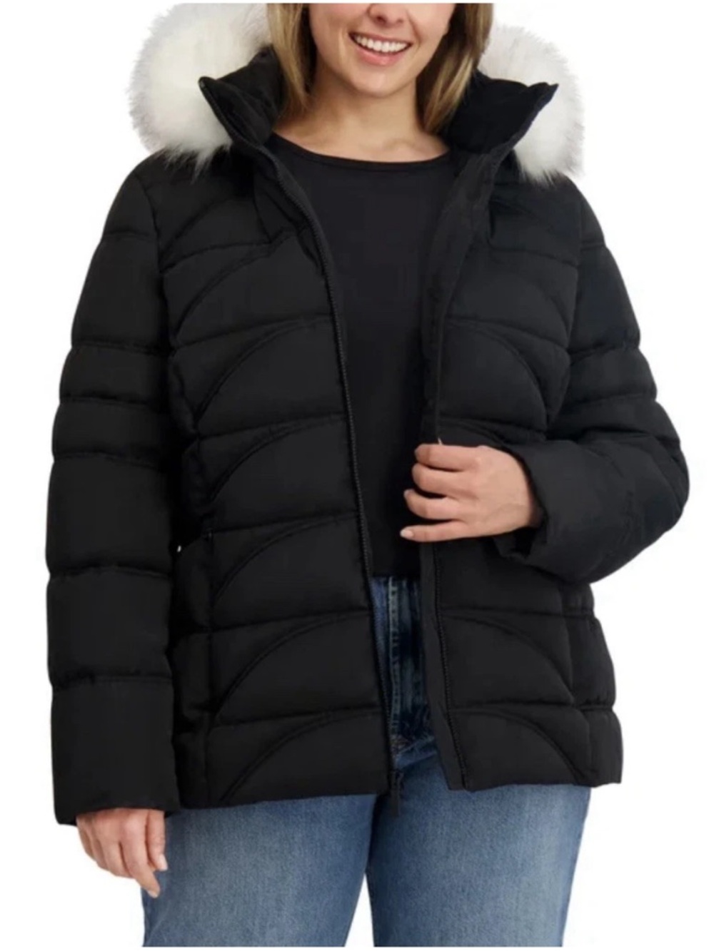 Nautica Black Puffer Jacket with White Faux-Fur Trim Hood - Picture 2 of 4